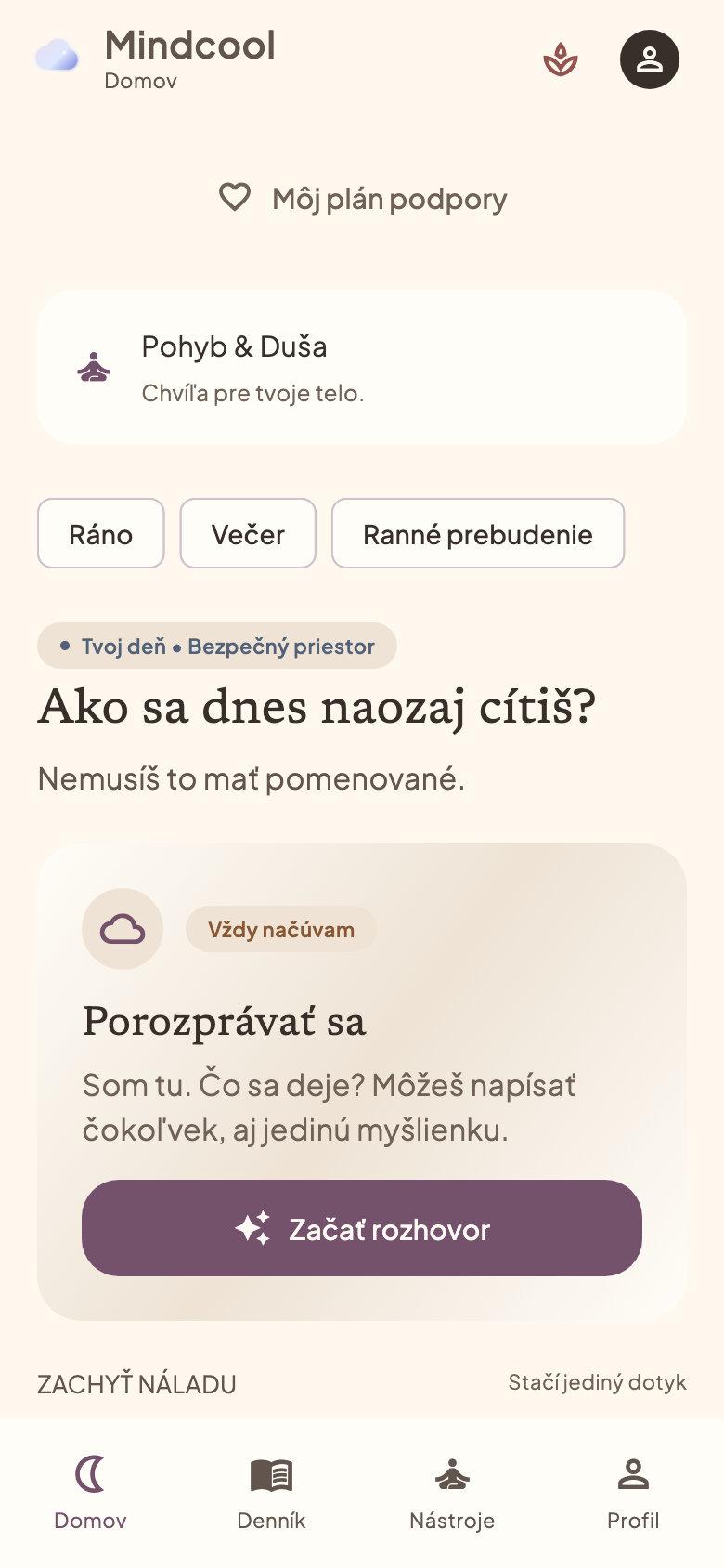 Domov aplikácie Mindcool v teplom svetlom režime s výberom nálady